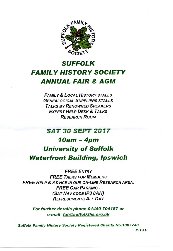 Suffolk Family HIstory Society Annual Fair 30 Sept 2017