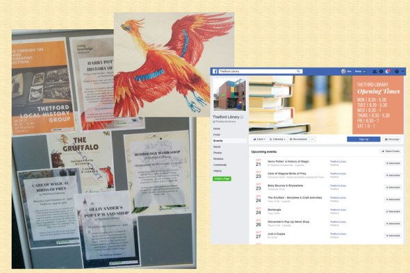 Thetford Library notice board and Facebook page